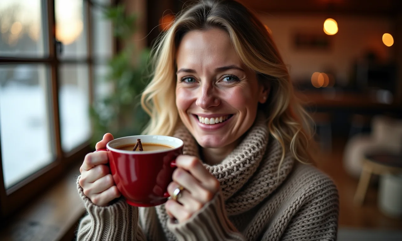 Mulher sorrindo saboreando chá de maçã com cravo em um ambiente aconchegante.
