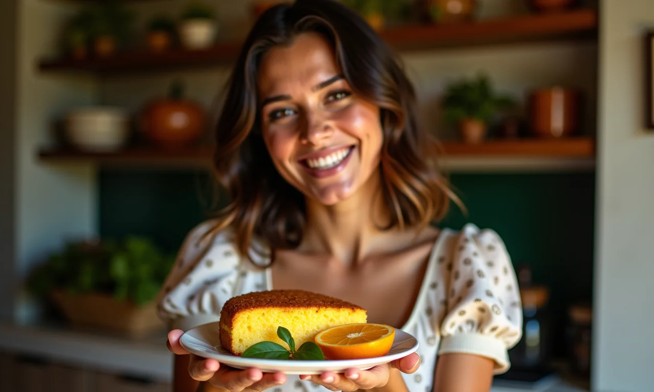 Mulher sorrindo segurando bolo formigueiro com laranja.