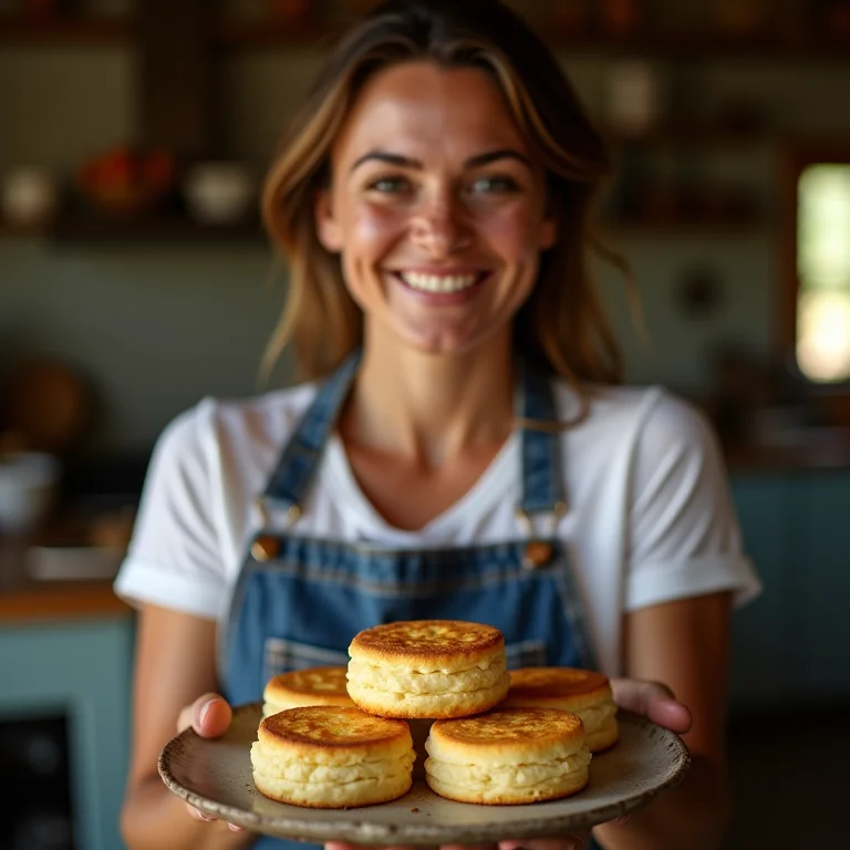 Mulher sorrindo segurando prato de biscoitos de queijo.