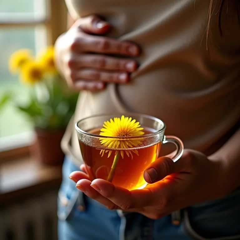 Mulher tomando chá de dente-de-leão para desinchar
