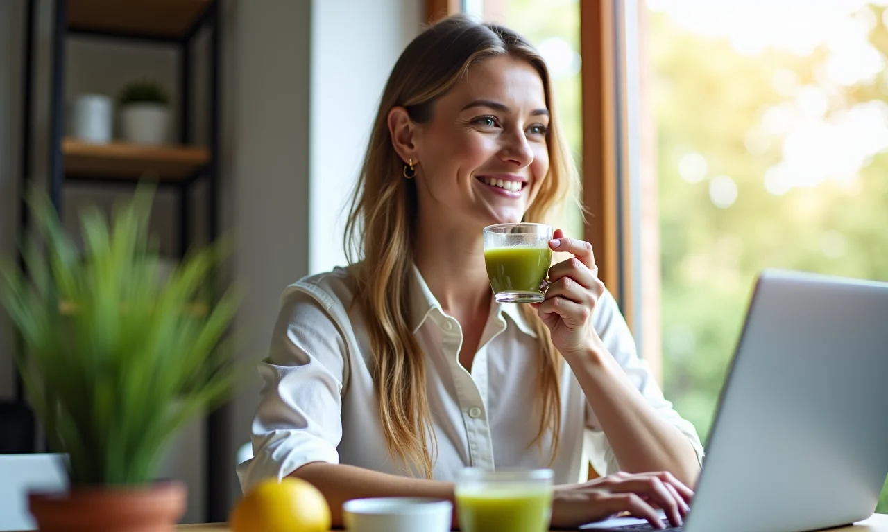 Mulher trabalhando em casa com chá verde com limão para mais energia.