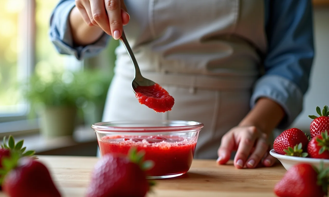 Mulher usando adoçante no lugar do açúcar na geleia de morango.