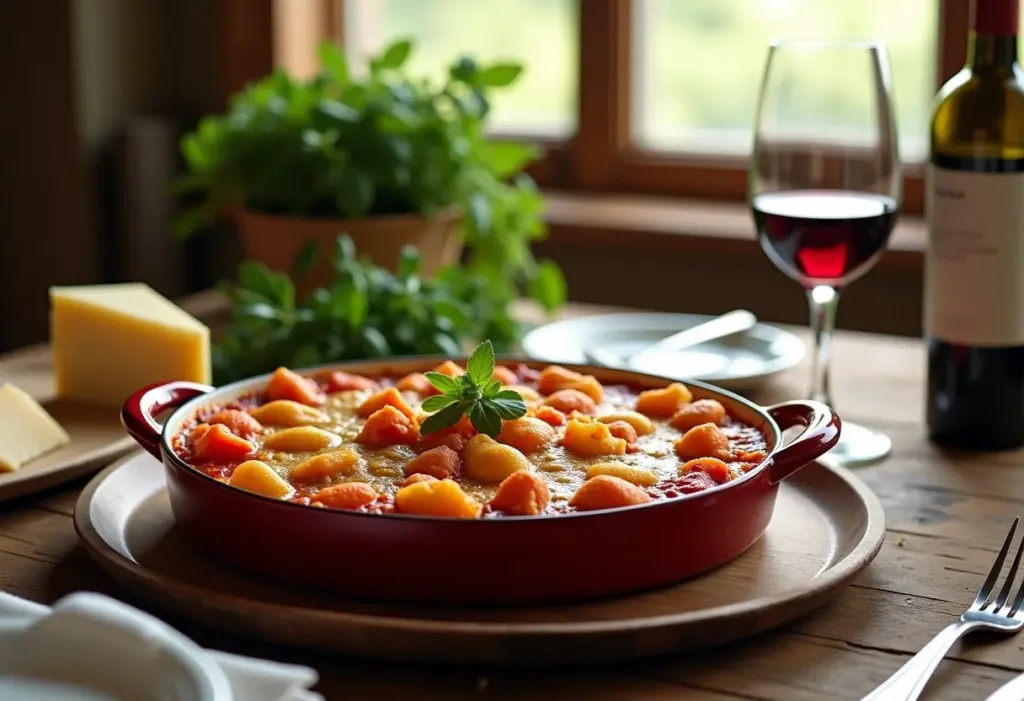 Nhoque de Sêmola Romano Gratinado em mesa rústica