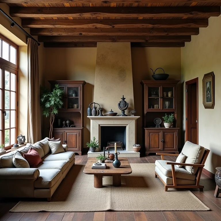 Objetos antigos e móveis vintage em sala rústica