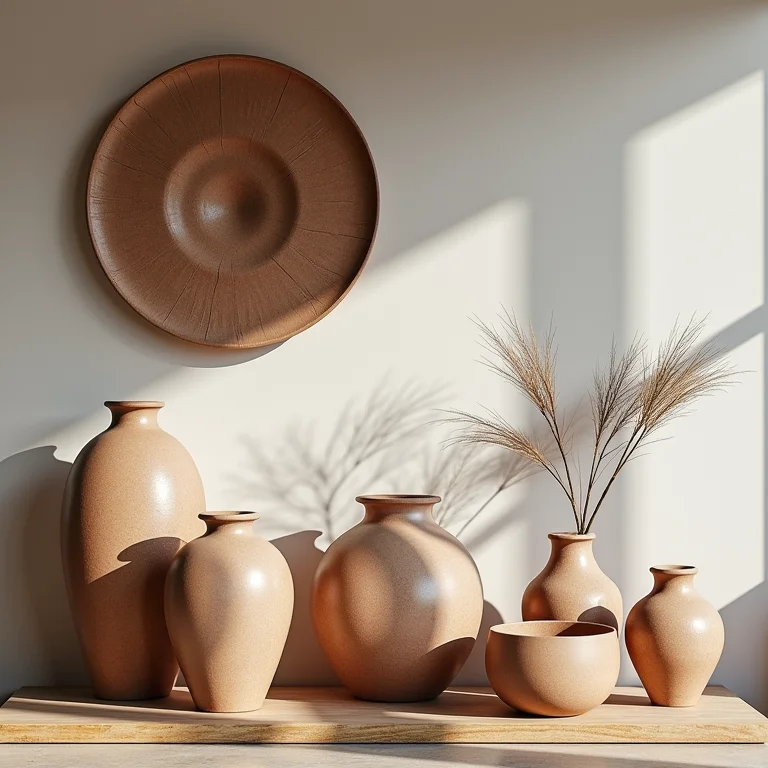 Objetos de decoração de cerâmica rústica.