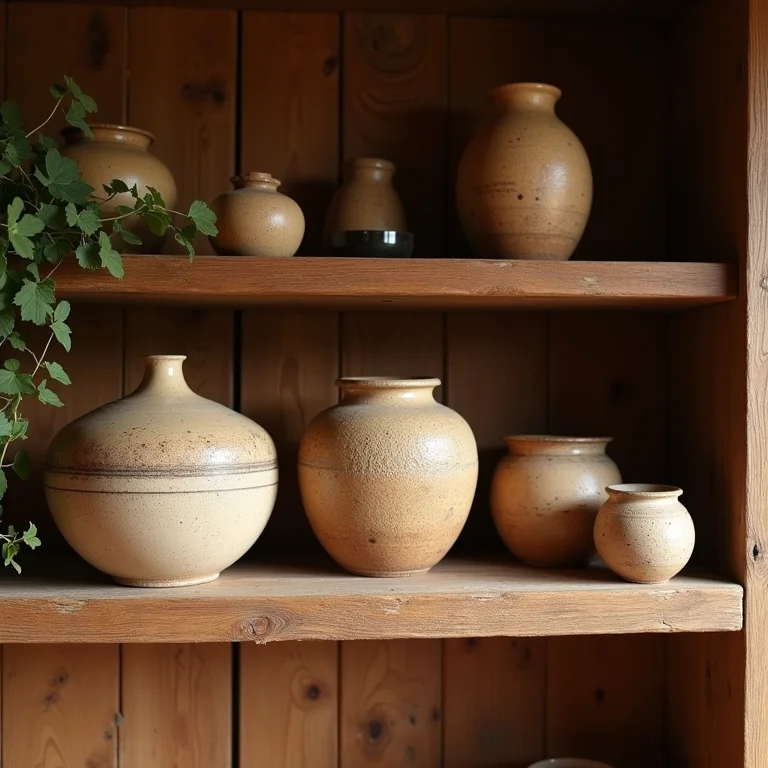 Objetos decorativos de cerâmica rústica em uma prateleira de madeira