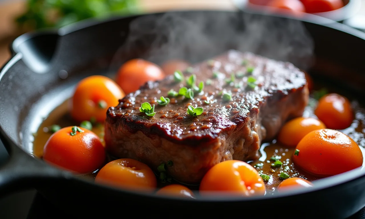 Ossobuco sendo dourado em panela de ferro.