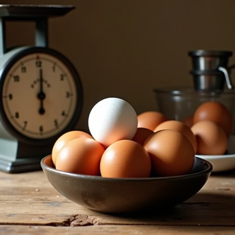 Ovos caipiras frescos em uma tigela ao lado de balança antiga.