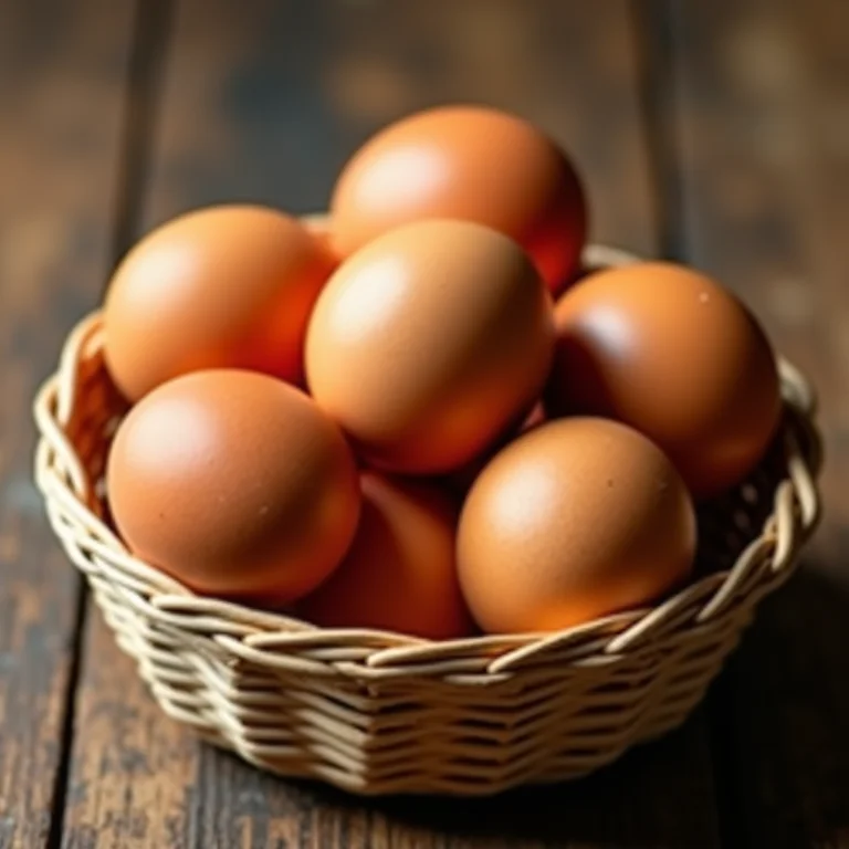 Ovos caipiras marrons em um cesto de palha.