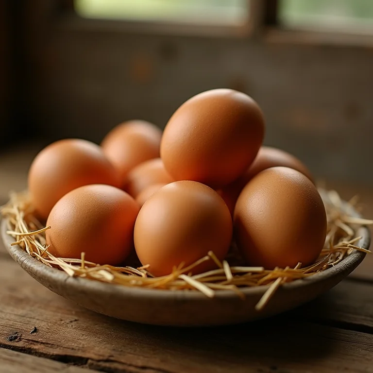 Ovos de galinha carijó em ninho de palha
