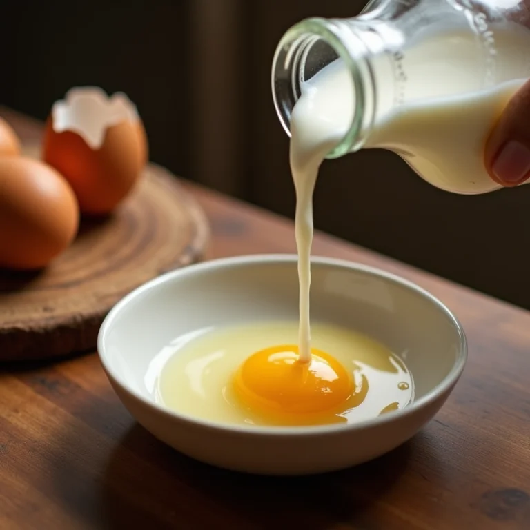 Ovos frescos sendo quebrados em tigela com leite.