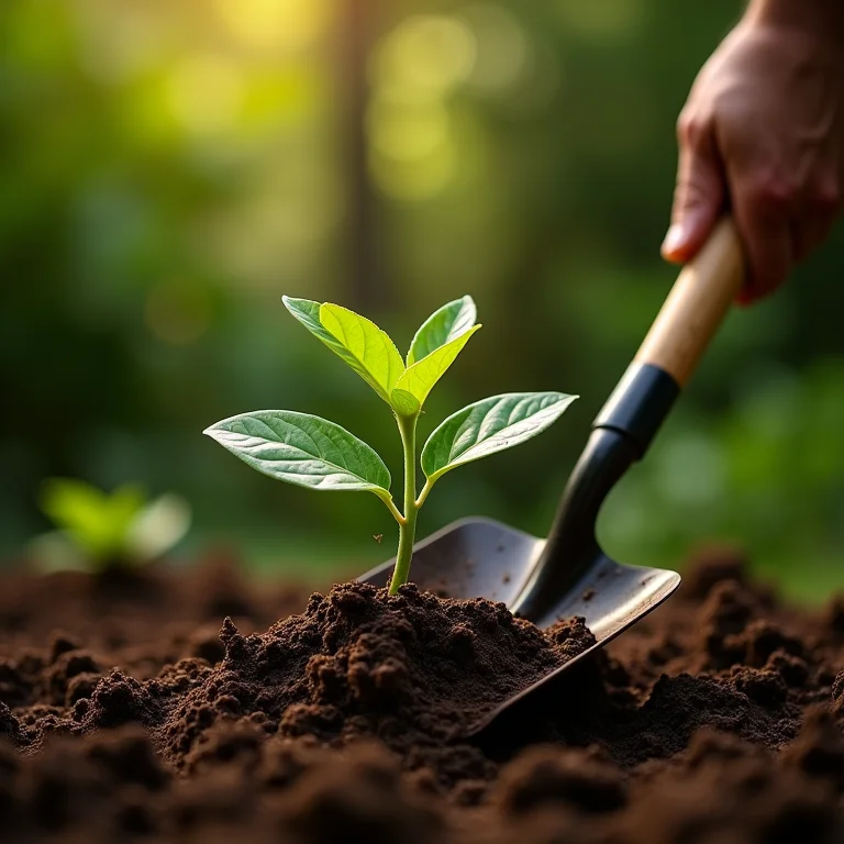 Pá larga sendo usada para transplantar uma planta.