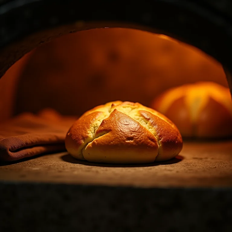 Pães de queijo assando em forno a lenha.