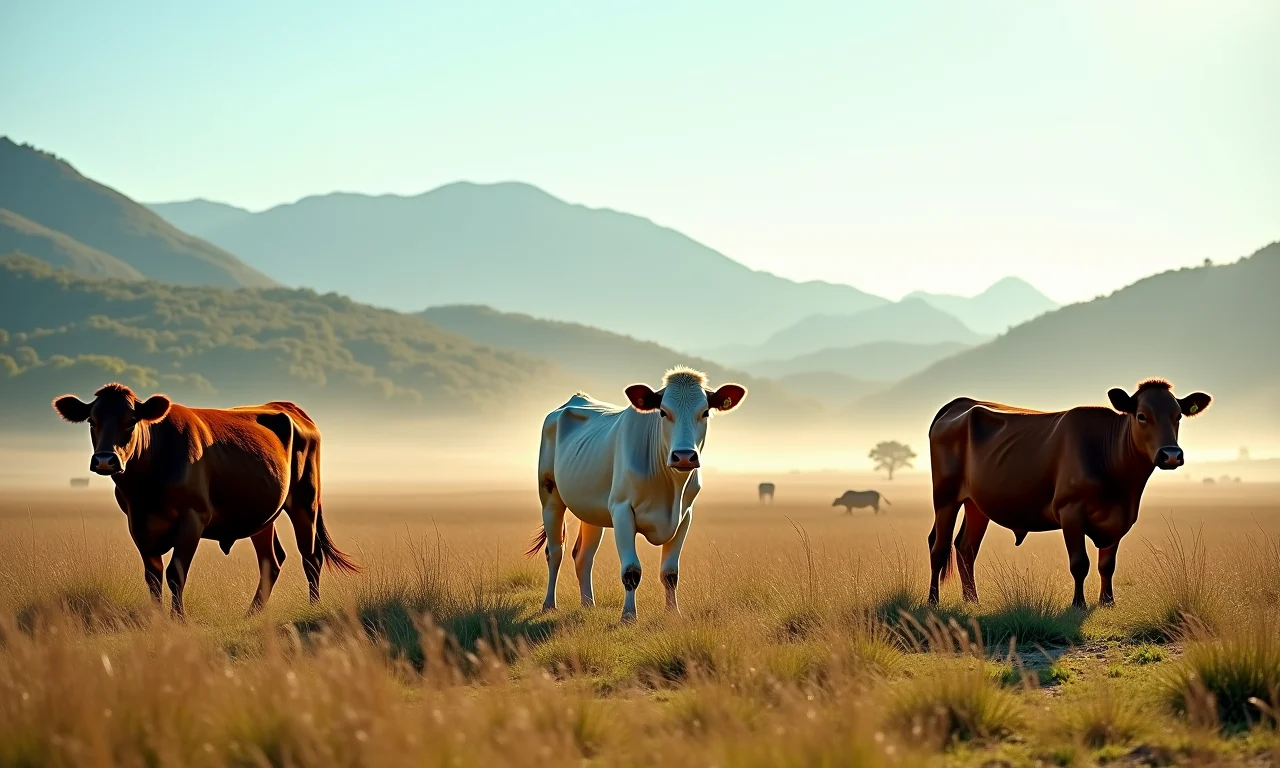 Paisagem brasileira diversificada mostrando gado em diferentes regiões.