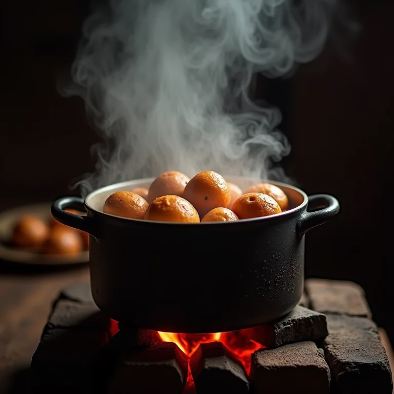 Pamonhas cozinhando em fogão a lenha.