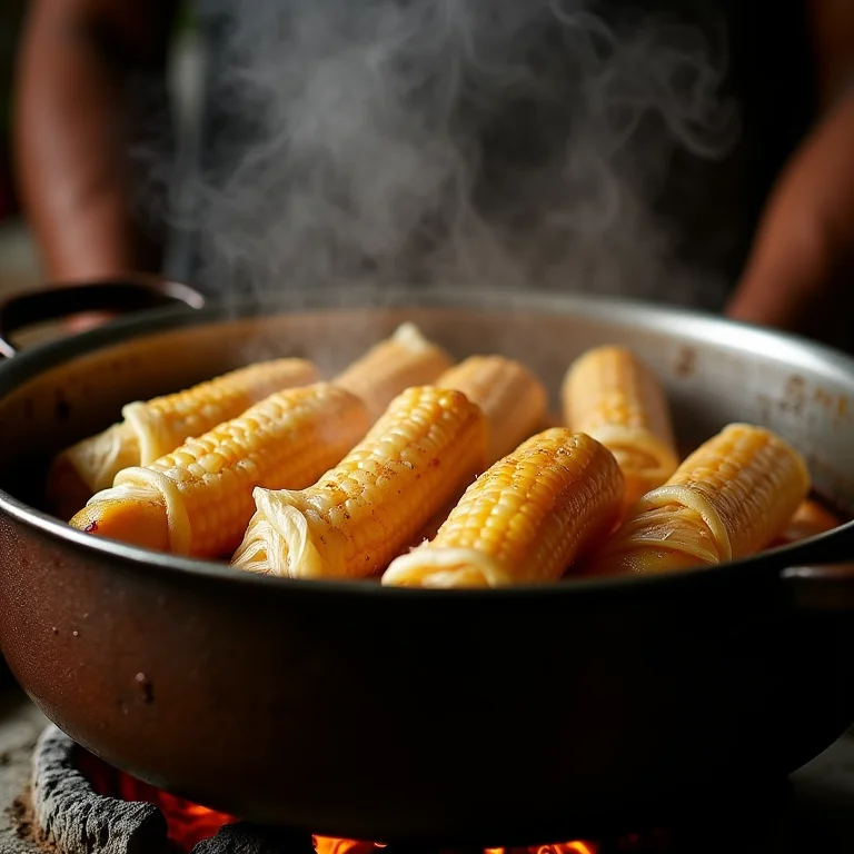 Pamonhas cozinhando em panela no fogão a lenha