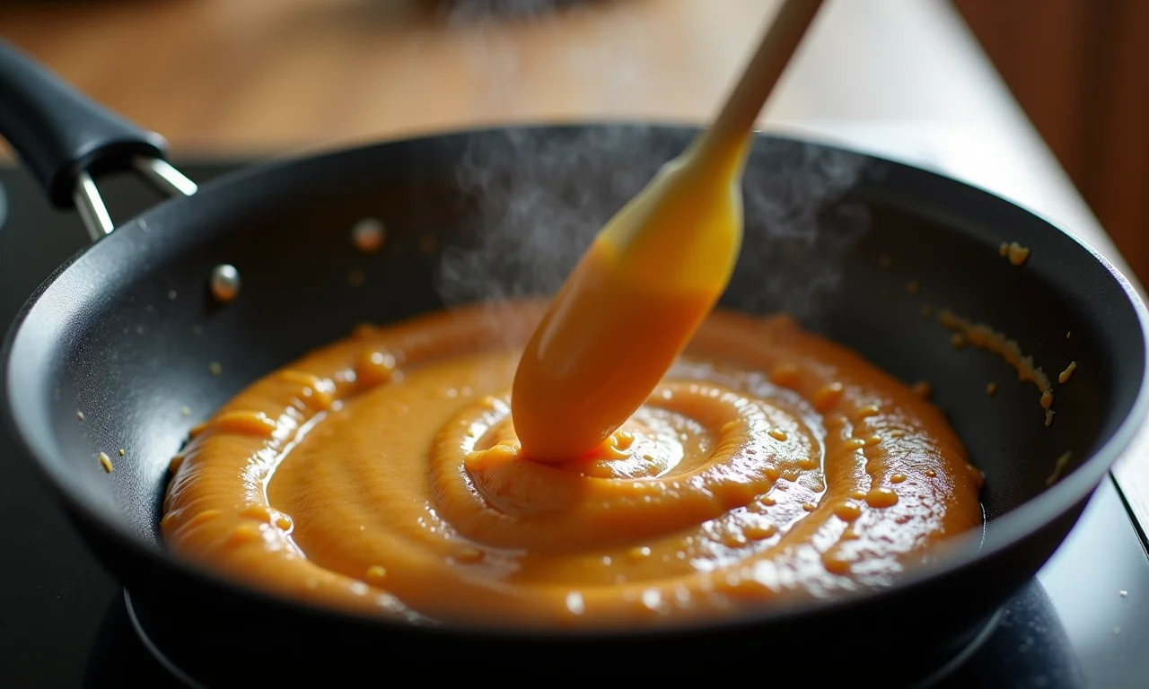 Panela antiaderente com brigadeiro sendo mexido.