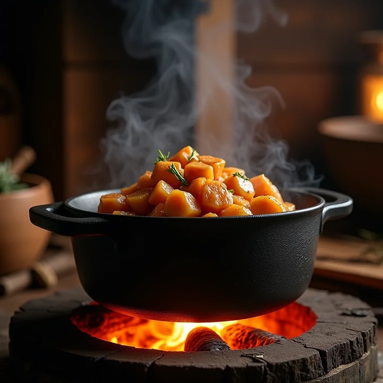 Panela de ferro no fogão a lenha para Angu cremoso