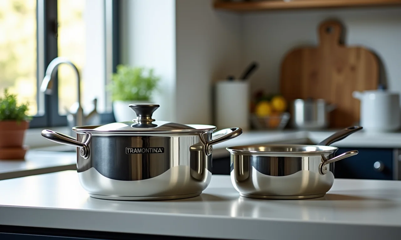 Panelas de aço inoxidável Tramontina.