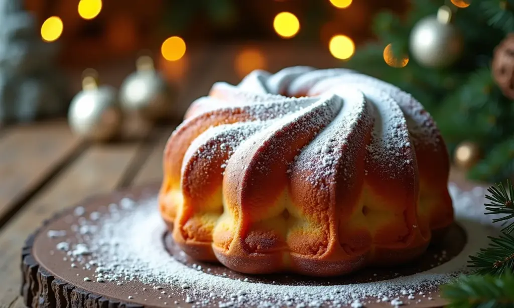 Panetone caseiro decorado para o Natal, com açúcar de confeiteiro.