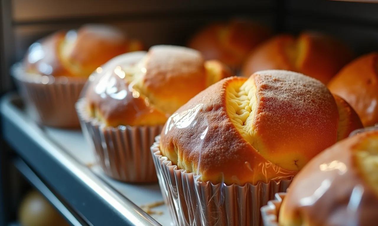 Panetone embalado em filme plástico dentro de um freezer.