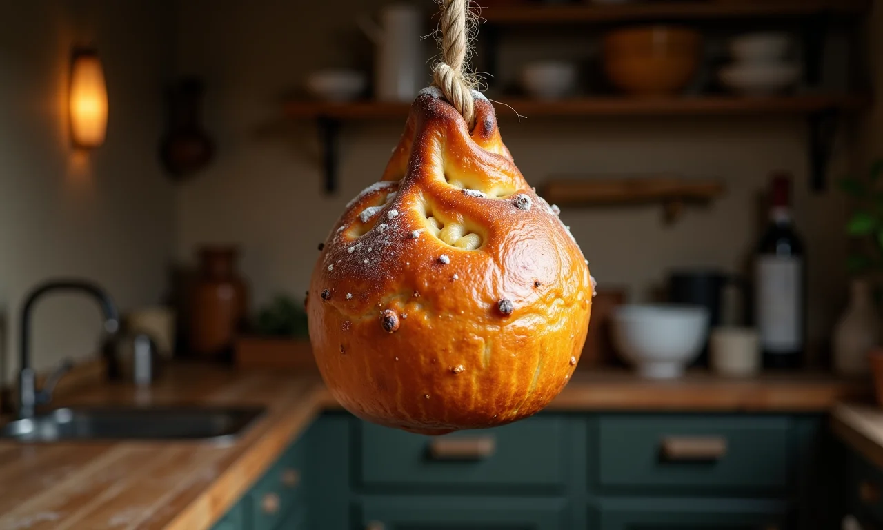 Panetone pendurado de cabeça para baixo para esfriar.