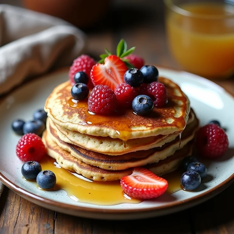 Panqueca de banana com aveia e frutas vermelhas.