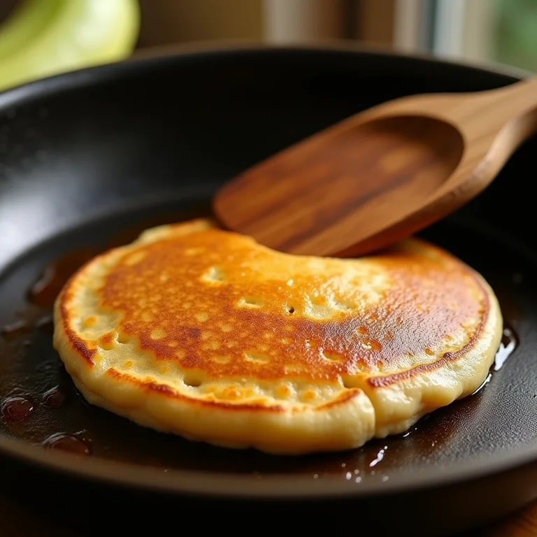 Panqueca de banana sendo feita em frigideira rústica.