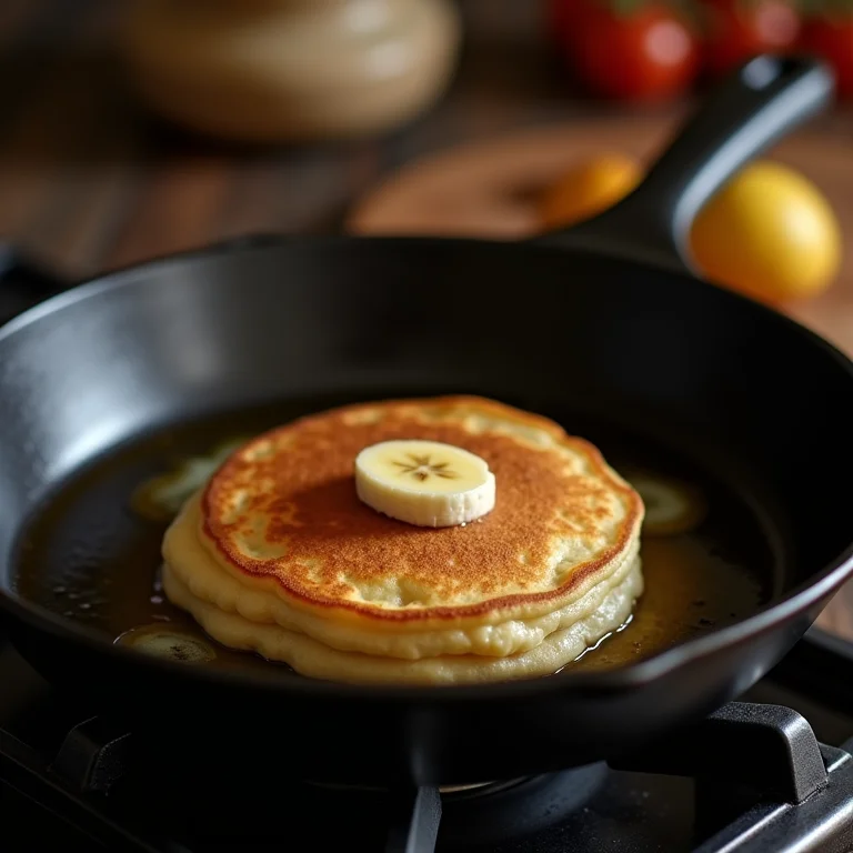 Panqueca de banana sendo frita na frigideira