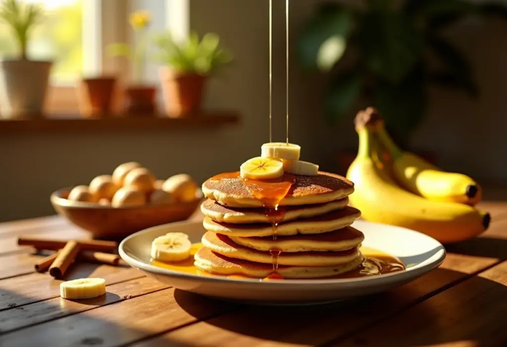 Panqueca de banana fofinha: receita fácil e rápida! Panquecas de banana em mesa rústica com mel e canela
