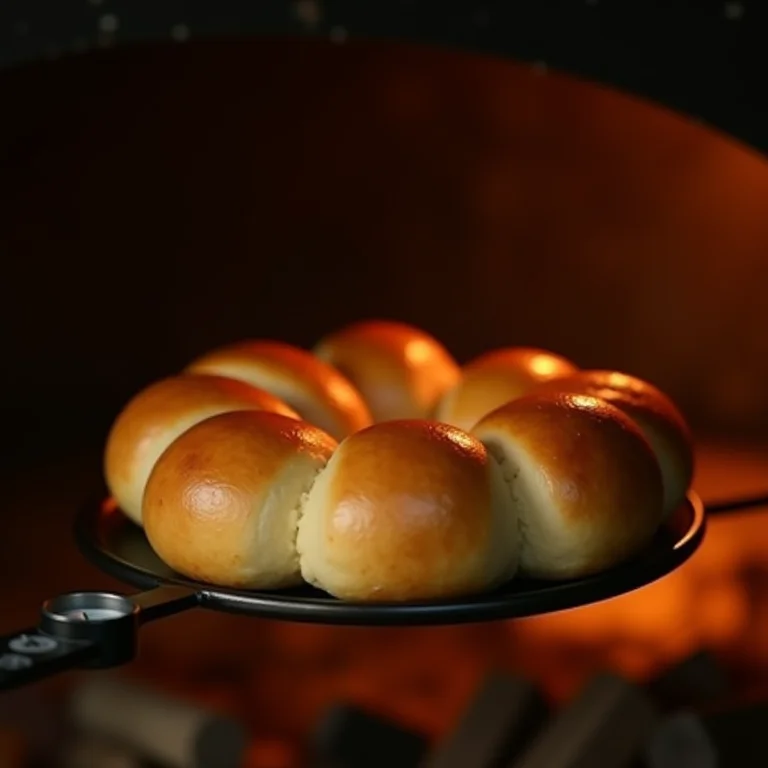 Pão de queijo assando em forno a lenha com termômetro indicando a temperatura.
