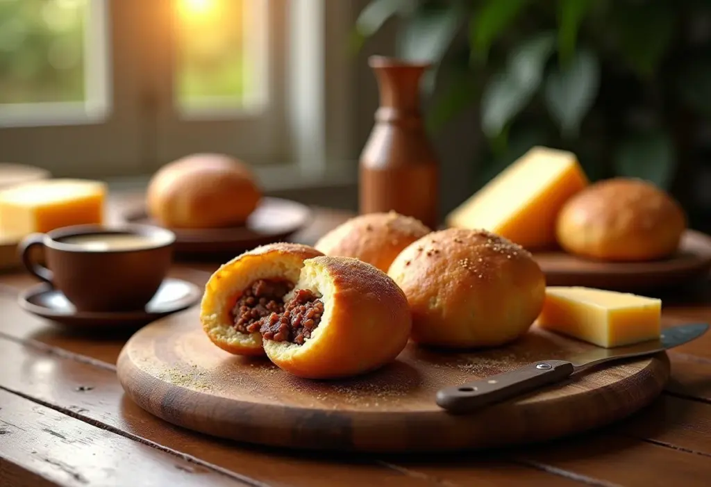 Pão de queijo recheado com carne seca em mesa de madeira