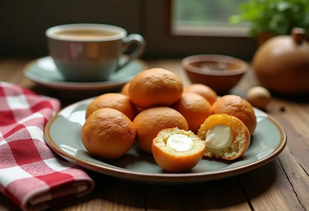 Pão de queijo recheado com doce de leite, iguaria mineira irresistível.