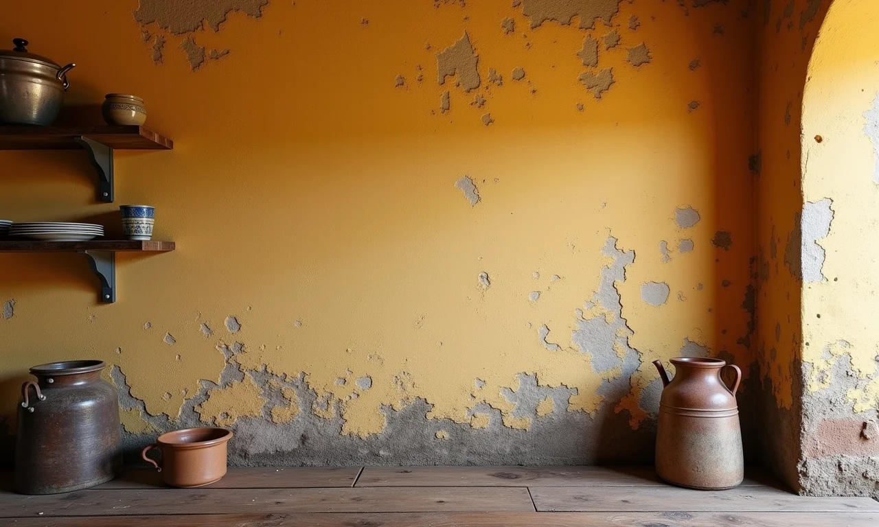 Parede de cozinha com pintura rústica e efeito envelhecido, estilo brasileiro e luz natural.