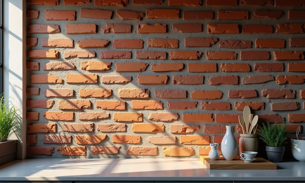 Parede de cozinha com tijolos de demolição, textura rústica e iluminação quente.