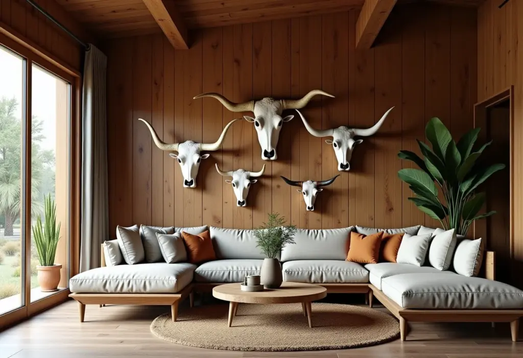 Chifre de boi: o truque de styling que está bombando no décor Parede decorada com chifres de boi em estilo rústico brasileiro
