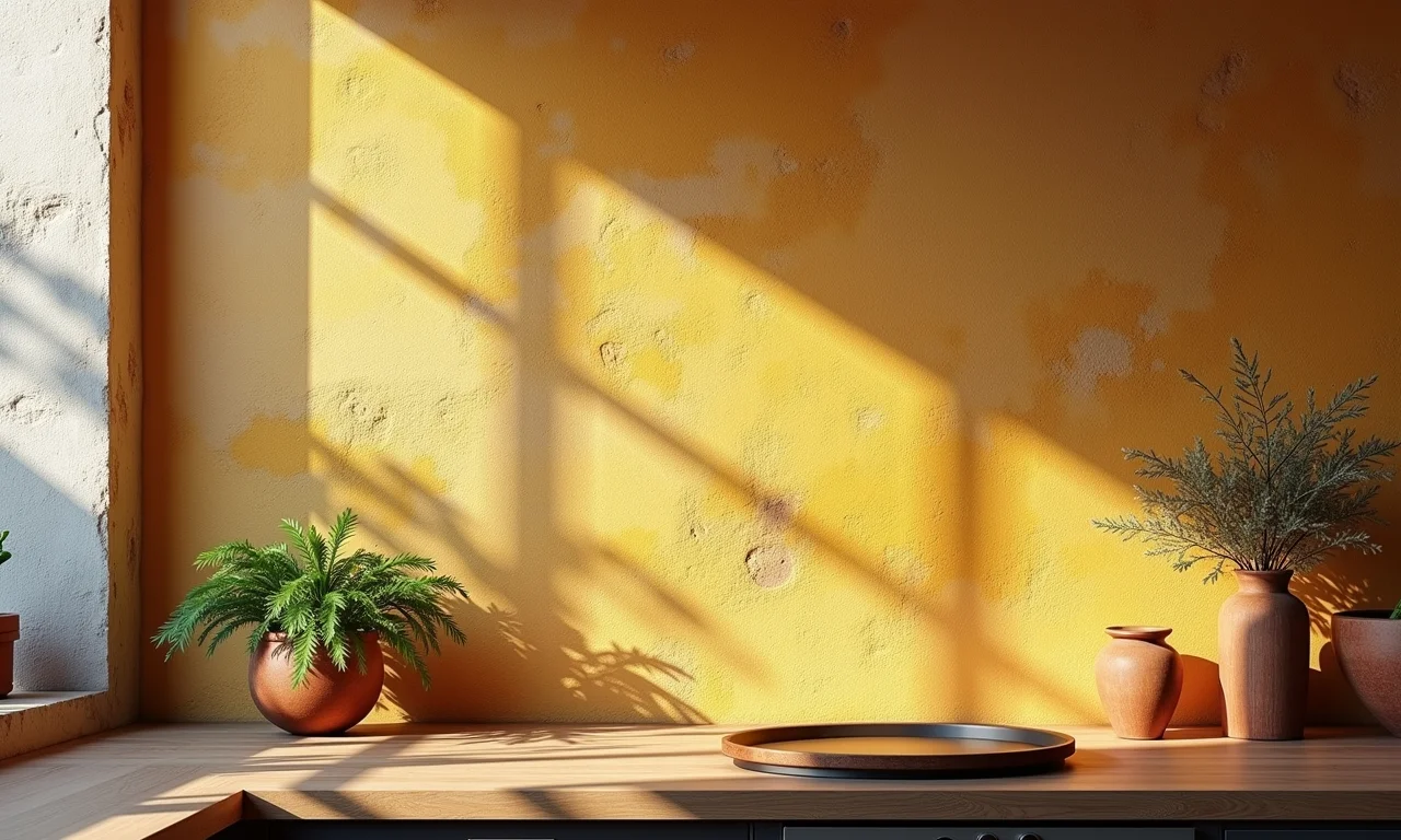 Parede rústica com texturas naturais, beleza imperfeita e iluminação quente.