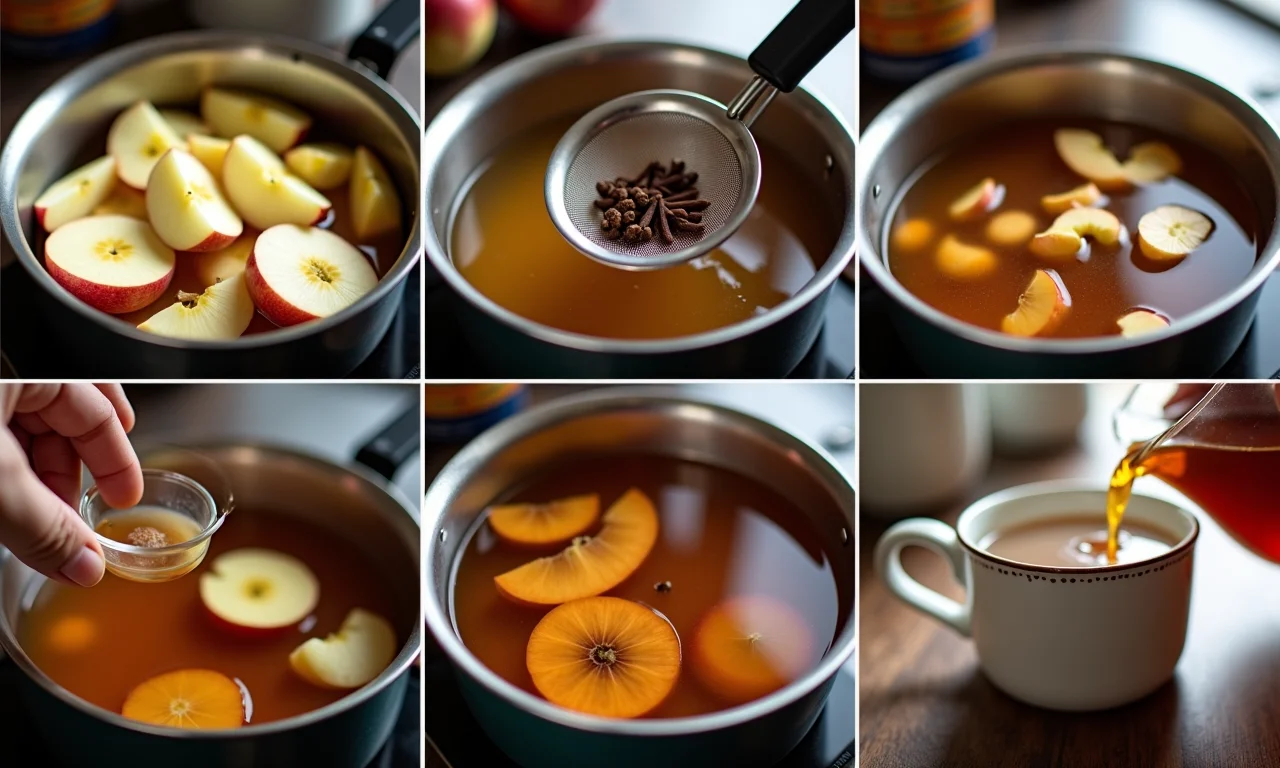 Passo a passo do preparo do chá de maçã com cravo: fatiando, fervendo, coando e servindo.
