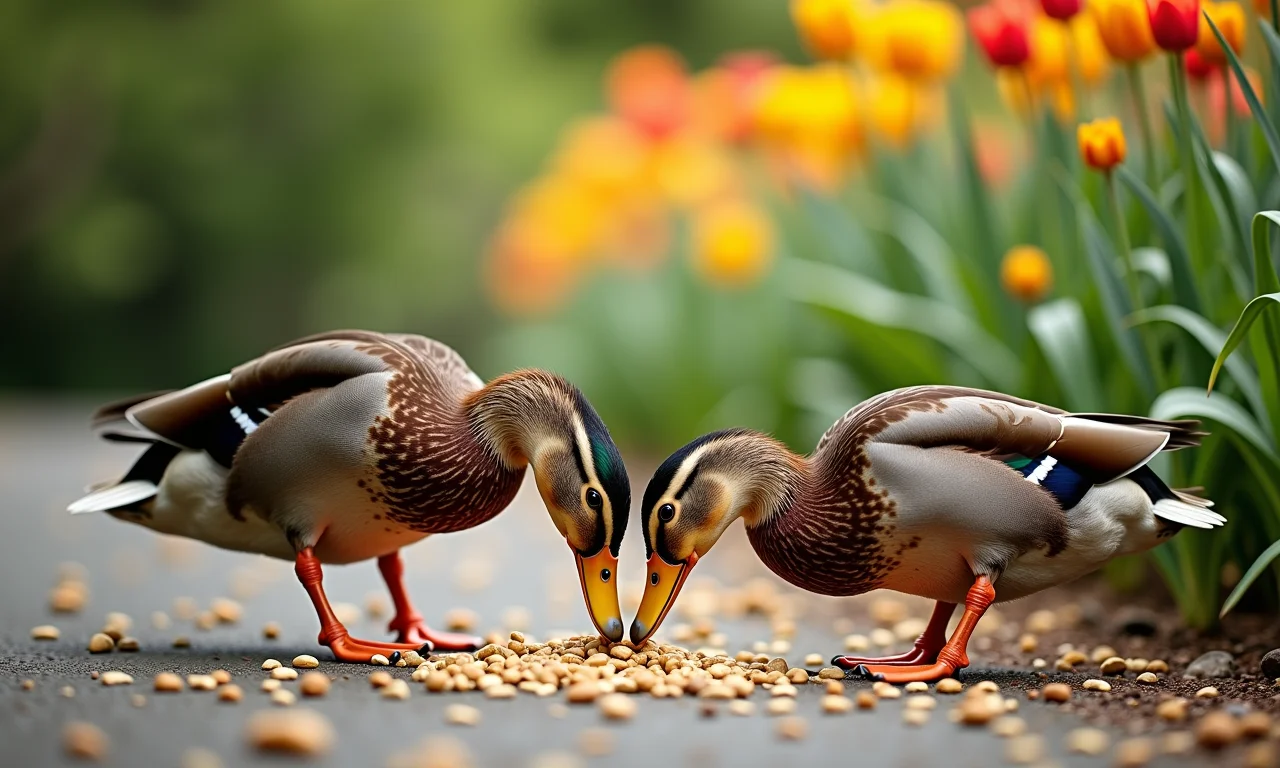 Patos ciscando em um jardim exuberante, comendo sementes e plantas.