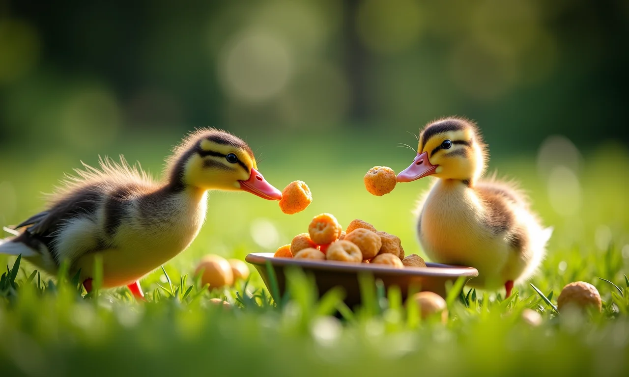 Patos felizes em ambiente verde sendo alimentados com petiscos saudáveis.