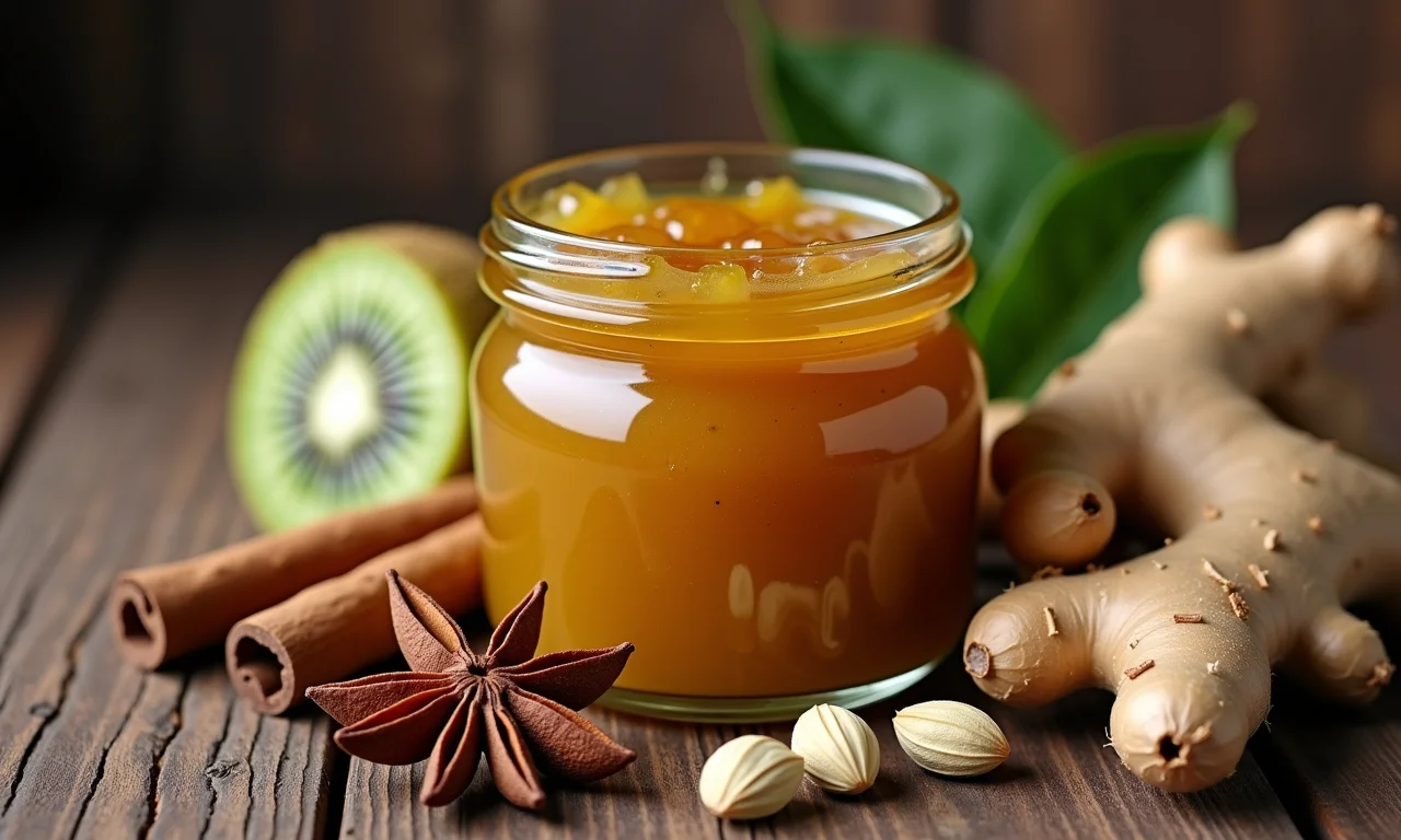 Paus de canela, anis estrelado, raiz de gengibre e vagens de cardamomo perto de um pote de geleia de kiwi.