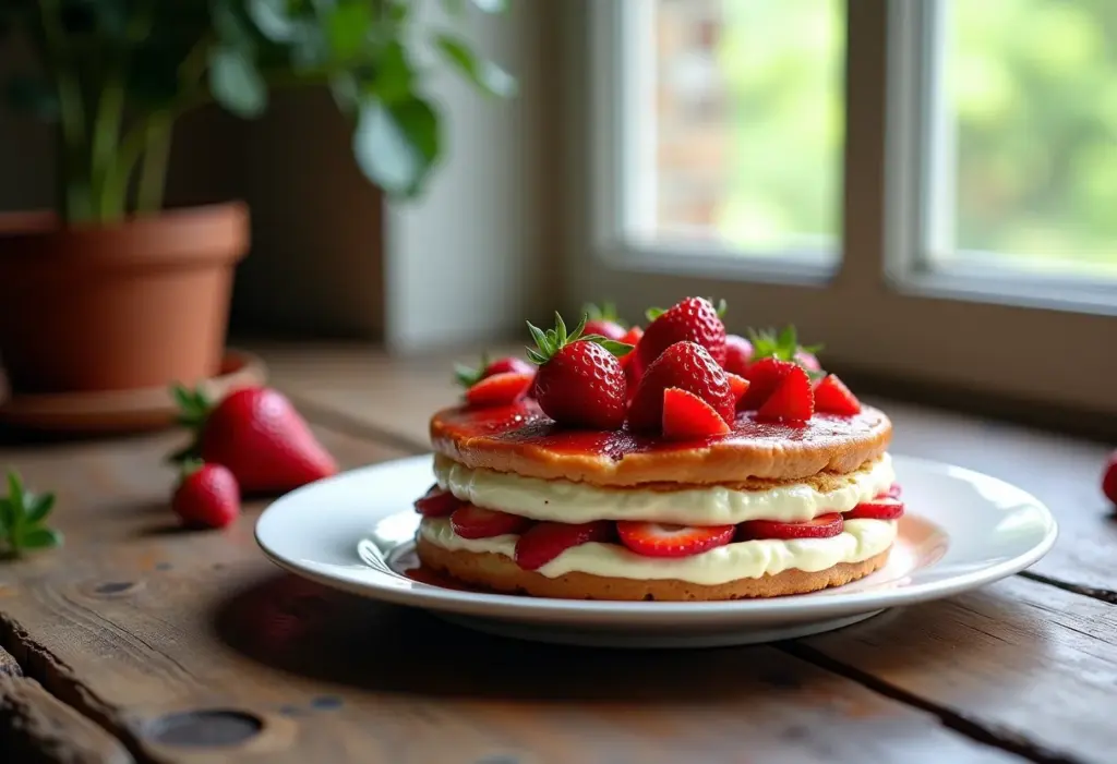 Pavê de morango cremoso em uma mesa rústica.