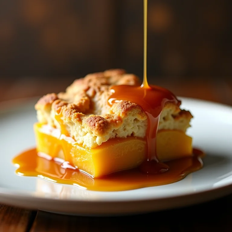 Peach Cobbler com calda de caramelo.