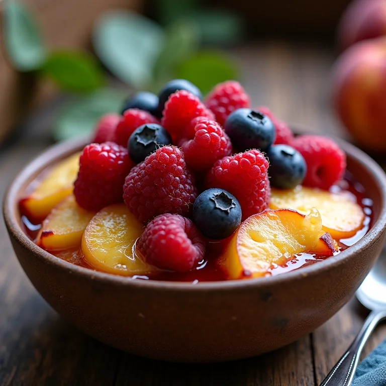 Peach Cobbler com frutas vermelhas.