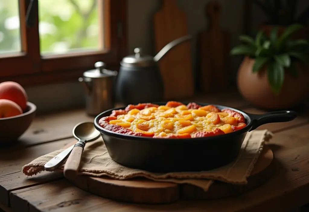 Peach cobbler rústico em mesa de madeira