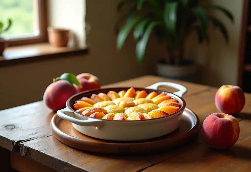 Peach Cobbler rústico em mesa de madeira com pêssegos frescos.