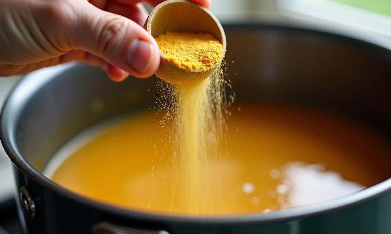 Pectina em pó sendo adicionada a uma panela de geleia de kiwi fervendo.