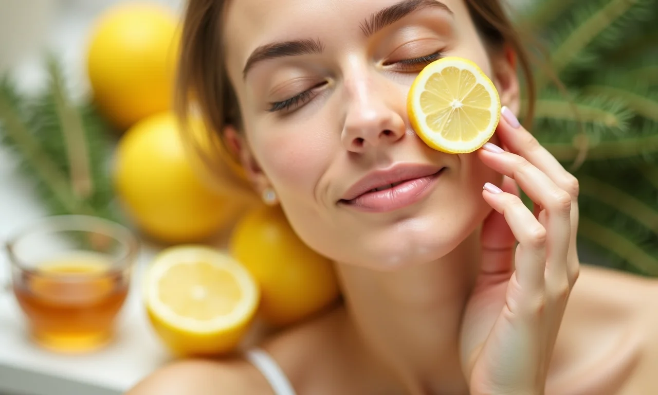 Pele clara e radiante com chá de alecrim e limão ao lado.