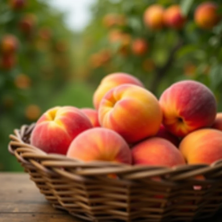 Pêssegos frescos e maduros em cesta de vime.
