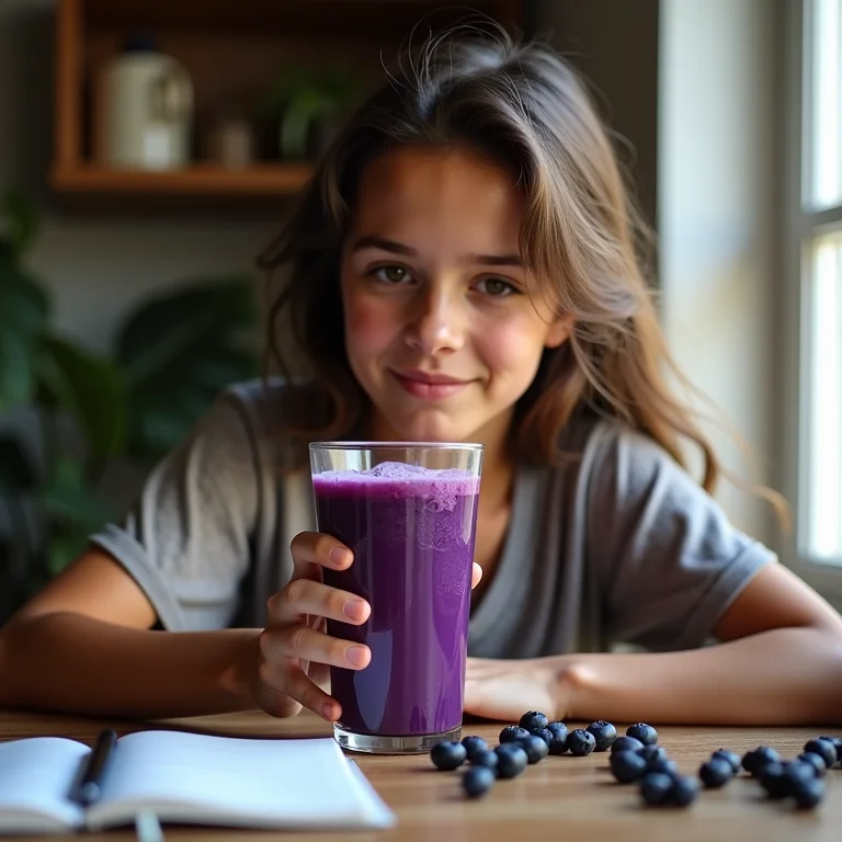 Pessoa bebendo suco de mirtilo com foco.